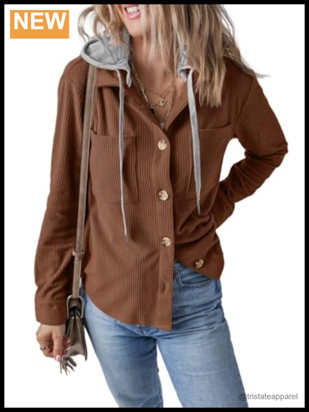 Women's Corduroy Button Down Shacket Long Sleeve Hooded Coat